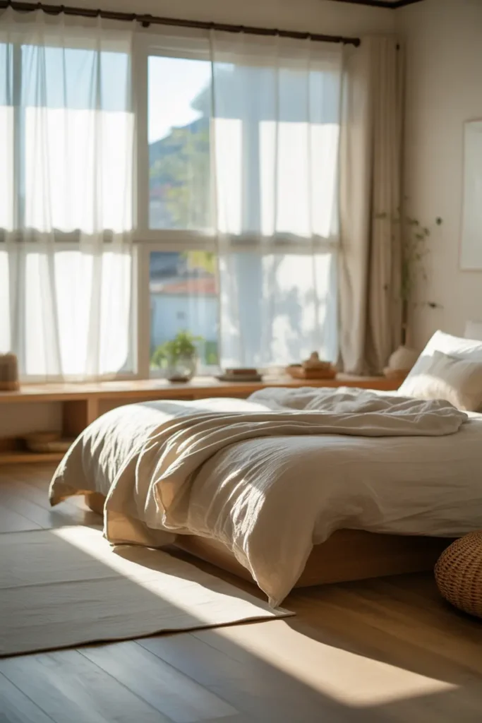A serene Japanese bedroom filled with soft natural light from large windows covered with sheer white curtains. The room features a low wooden bed, neutral bedding, pale wood flooring, and minimal decor. Sunlight gently spreads across the room, highlighting the natural textures of linen, wood, and woven accents. A small plant sits near the window, adding a fresh touch to the peaceful setting. The image is captured in a wide shot, showing how the gentle daylight gives the room an airy and calming atmosphere.