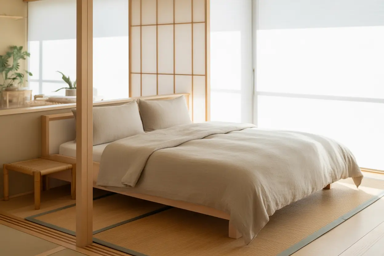 A minimalist Japanese bedroom ideas with a low-profile wooden bed, tatami floor setup, natural light, and serene décor, creating a calm, tranquil space.
