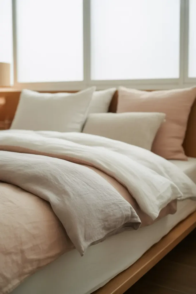 A serene Japanese bedroom with minimalist bedding featuring soft linen sheets in muted neutral tones like white, beige, and light gray. The bedding is arranged neatly on a low-profile wooden bed frame, complemented by a few cozy, textured pillows in light, earthy colors. The room is flooded with natural light through a large window, enhancing the simplicity of the space. The color palette is warm and neutral, with wood accents and subtle textures creating a cozy yet refined atmosphere. The image is a close-up of the bed setup, highlighting the calming effect of the minimalist bedding.