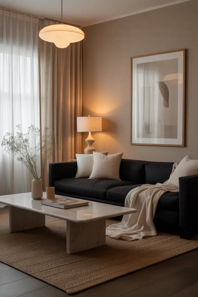 Balanced living room with a black couch, beige and brown tones, and minimal decor.