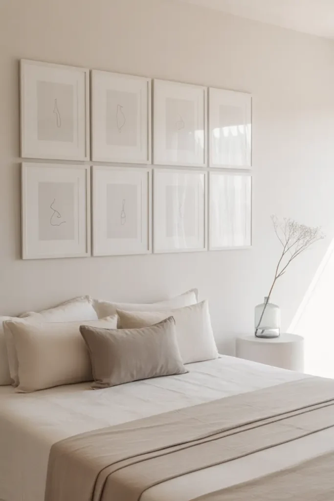 A minimalist bedroom gallery wall featuring a perfectly symmetrical 3x3 grid of thin white frames with black line art on a crisp white wall.