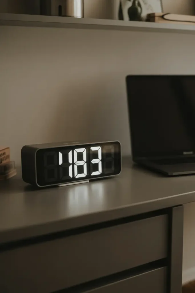 A sleek modern dorm desk with a digital LED clock display, glowing white numbers, minimalist black design, soft ambient lighting, neutral tones, clean desk setup with laptop and small decor, futuristic aesthetic, close-up angled shot, foreground clock detail, background blurred desk elements creating depth.