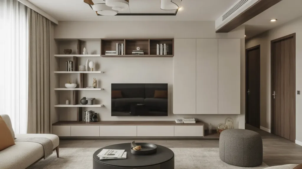 Wall-mounted storage solutions in a modern living and dining room to save space.