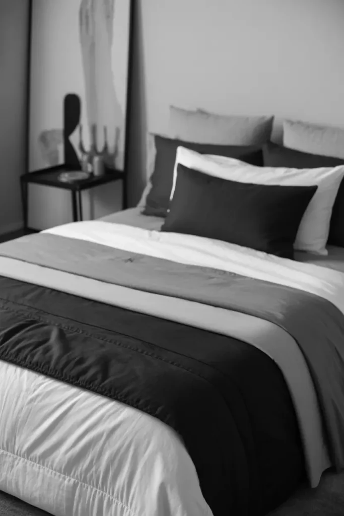 
A sleek monochrome bedroom featuring a futon styled in black, white, and grey tones, soft diffused lighting, matte textures, minimal decor, black metal side table, abstract wall art, layered bedding with subtle patterns, modern and sophisticated mood, eye-level wide shot with strong contrast and clean composition.
