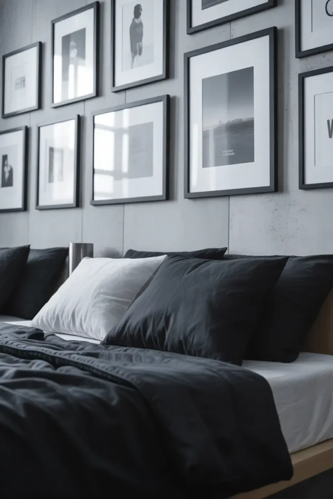 A sleek monochrome dorm wall with black, white, and grey framed prints, minimalist modern style, soft diffused daylight, matte textures, black bedding, light concrete-look wall, subtle metal accents, clean layered styling, calm masculine mood, straight-on camera angle, balanced composition with depth from foreground chair and background gallery wall.