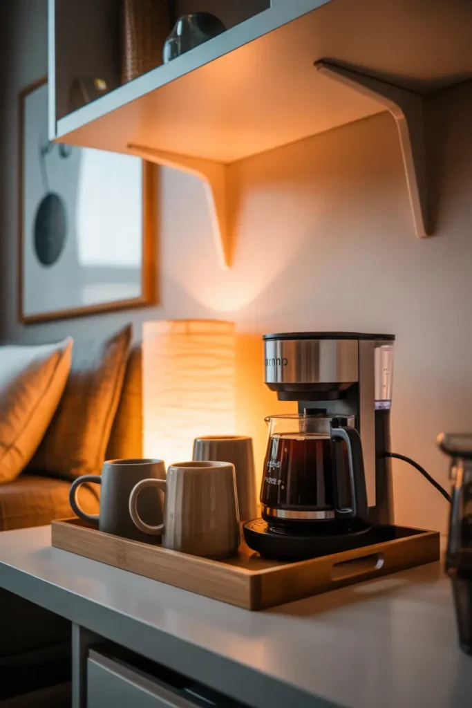 A small modern dorm coffee station setup with a compact coffee maker, mugs on a wooden tray, warm ambient lighting, neutral and warm tones, small shelf above, minimal decor, cozy morning vibe, close-up angled shot, layered styling with background wall art and subtle textures creating depth.