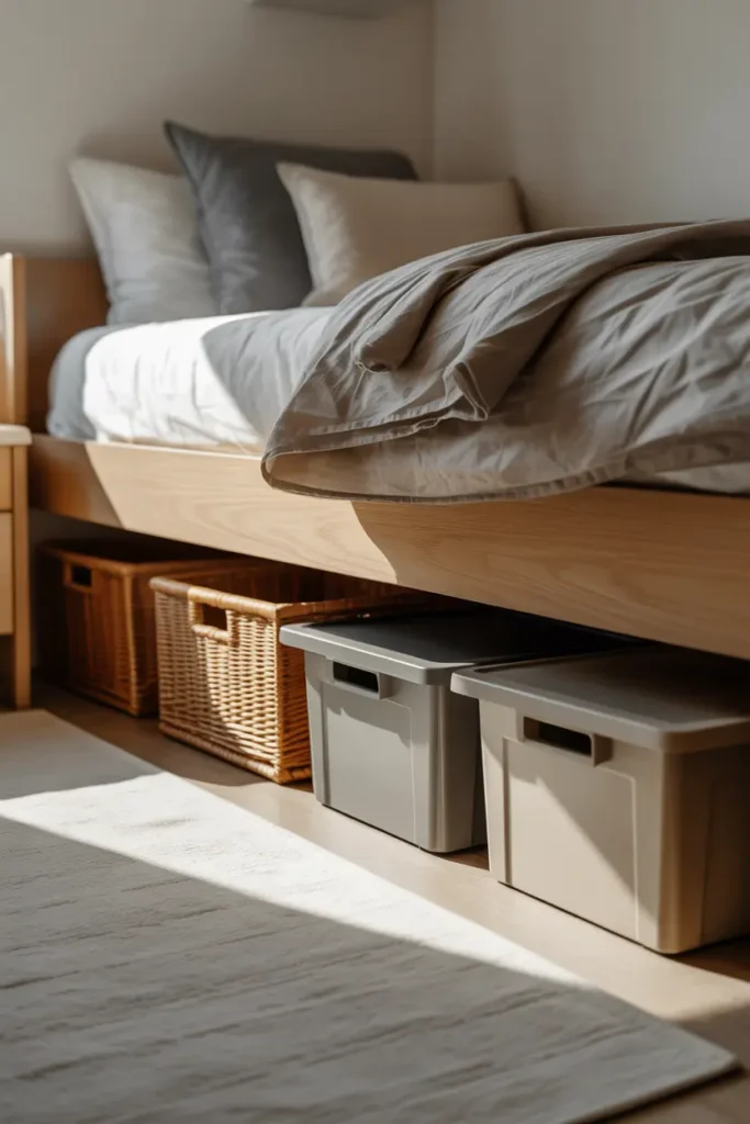 A smart minimalist dorm room with underbed storage bins tucked beneath a simple wood bed frame, neutral colour palette, soft natural morning light, grey and beige textiles, clean organised layout, woven baskets and sleek plastic bins, practical cozy atmosphere, low-angle shot, visible layered bedding above with realistic shadows and tidy styling.