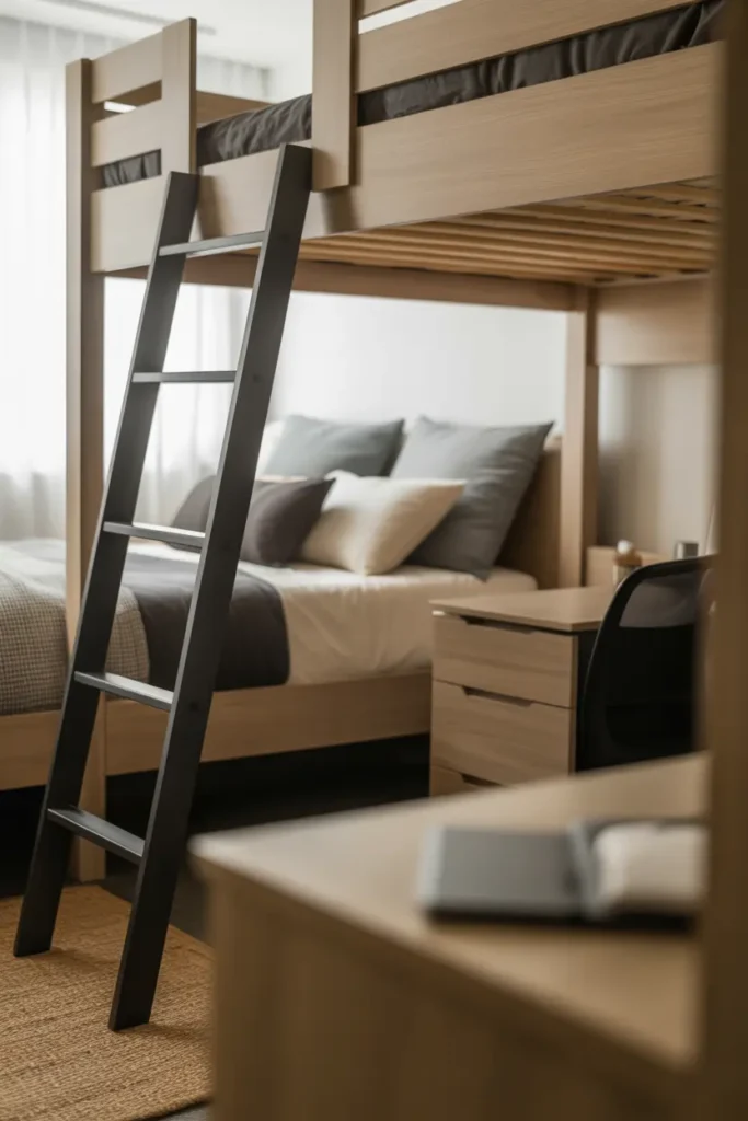  A smart modern dorm room with a loft bed layout, light oak frame, black ladder, compact desk and storage underneath, soft natural daylight, neutral and charcoal palette, layered bedding, textured rug, clean styling, wide-angle eye-level shot, foreground desk details, background elevated bed adding depth and space-saving structure.