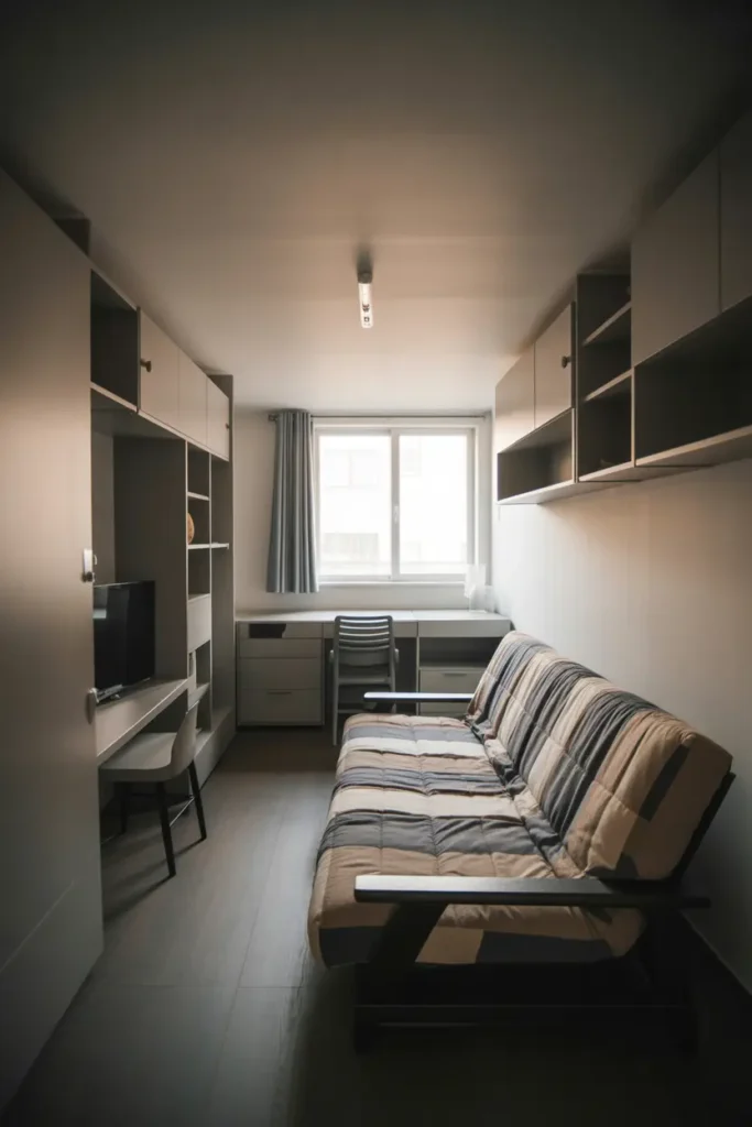 A smart small studio apartment featuring a futon placed in a corner layout, multifunctional furniture, neutral and grey tones, natural light from a window, compact desk nearby, wall shelves, minimal decor, clean and efficient setup, wide-angle shot capturing full room layout with clear zoning and depth.