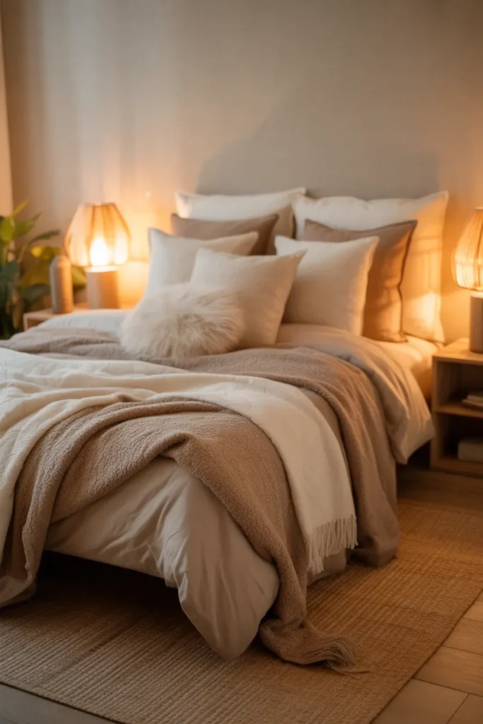 A soft, cozy bedroom styled in warm neutral tones with a futon layered in beige, taupe, and cream bedding, plush textured throws, soft ambient lighting from bedside lamps, woven rug, light wood accents, indoor plant, relaxing and inviting atmosphere, eye-level shot with rich fabric textures and warm glow.