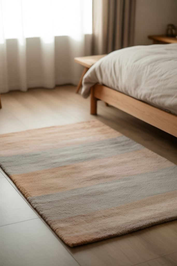A soft, neutral-toned rug placed on light wooden floors in a minimalist Japanese bedroom. The rug is a subtle, textured piece in earthy tones like beige, light gray, and soft taupe, offering a cozy, warm contrast to the room’s cooler, neutral palette. The bed features simple white linens and natural wooden furniture. Soft, diffused light filters through sheer curtains, creating a warm glow in the room. The rug enhances the overall peaceful, minimalist vibe, providing both comfort and visual interest without disrupting the clean, open layout. The image is captured from an eye-level perspective.