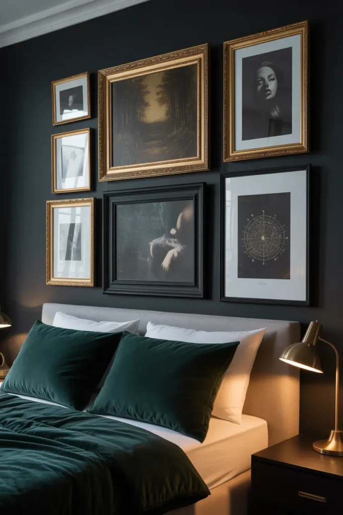 A dramatic bedroom gallery wall on a dark grey background, featuring gold and black frames with moody, high-contrast art above a velvet bed.