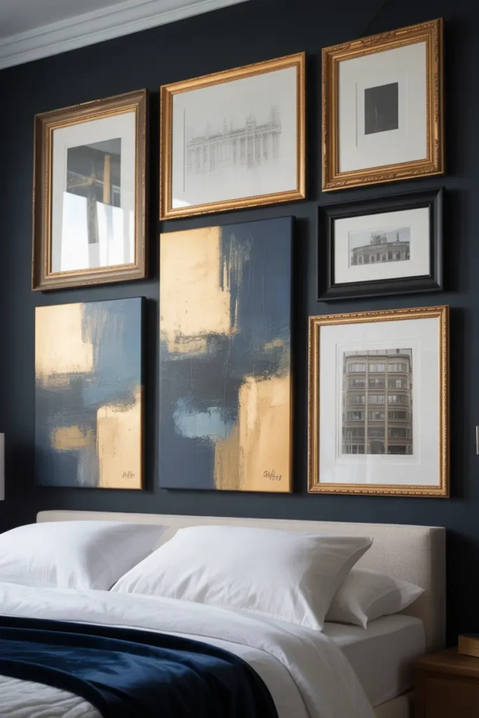 A creative gallery wall above a bed mixing thick frameless canvases with thin metal and wood frames for a textured, 3D art display.