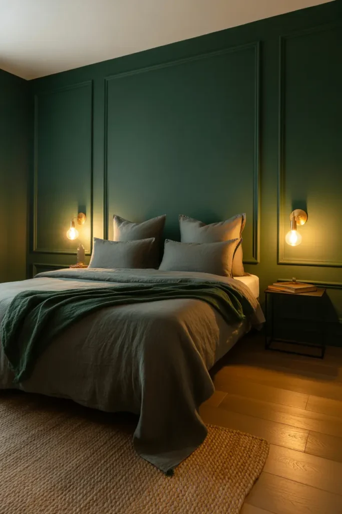 A sophisticated master bedroom featuring deep forest green accent walls in a matte finish. Soft, warm ambient glow from brass bedside sconces creates a cozy atmosphere. The bed has layered charcoal linen bedding and a forest green velvet throw. Natural oak wood flooring and a large jute rug add earthy textures. Professional eye-level shot, elegant and moody vibe
