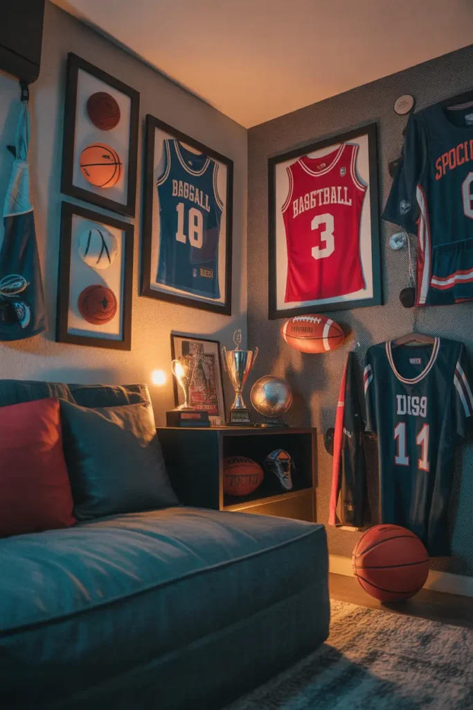 A sporty dorm room corner featuring framed jerseys, basketball and football decor, dark navy and red colour accents, warm spotlight lighting, textured wall, compact shelf with trophies and gear, cozy masculine vibe, angled shot with depth, foreground bean bag and background display wall, energetic yet organised layout.