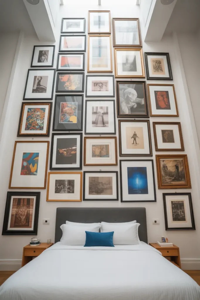 A tall gallery wall in a bedroom, filled from the bed headboard all the way to the ceiling with many framed art pieces and photos of different sizes, creating a dramatic and vertical display.