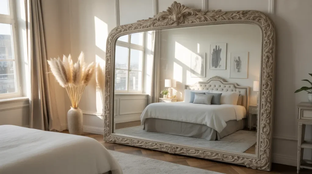 Large ornate mirror reflecting natural light, enhancing the elegance and spaciousness of the bedroom.