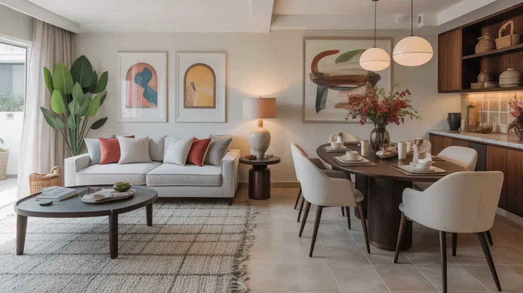 Cohesive color scheme in a modern living and dining room with pops of color.