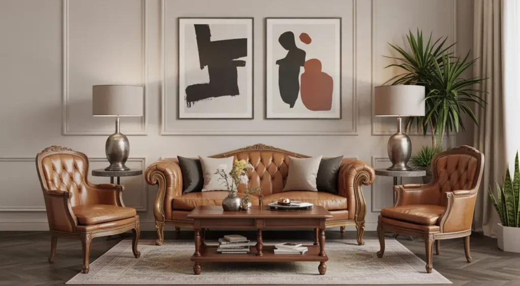 Living room with a mix of modern abstract art and vintage décor, combining contemporary artwork with classic antique furniture for a unique, eclectic style.