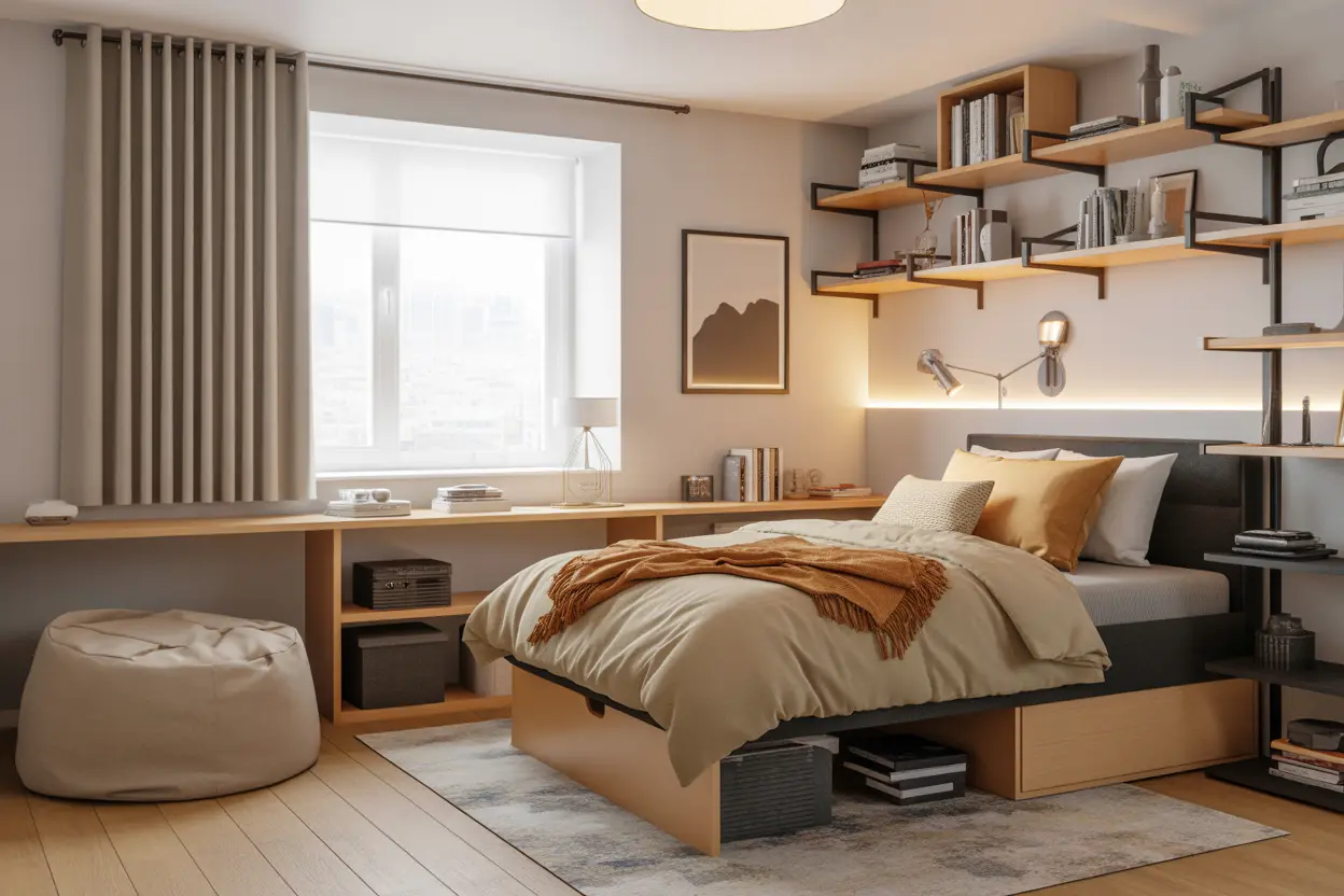 A stylish, modern dorm room with various decor ideas—neutral bedding, layered textures, industrial shelves, a cozy bean bag corner, and LED strip lighting creating a cool, inviting atmosphere. The room features natural light from the window, minimal furniture, and functional design elements.