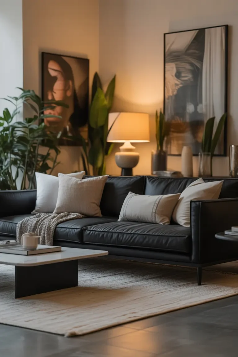 Black couch living room ideas in a modern stylish space with neutral decor, indoor plants, and warm natural lighting