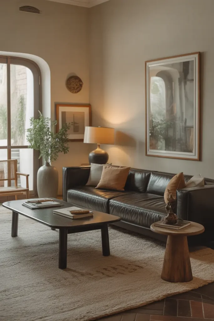 Transitional living room with a black couch and a mix of modern and traditional elements.
