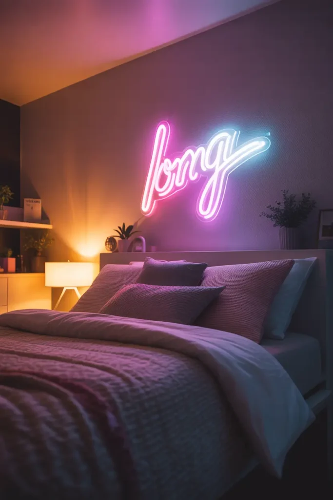  A trendy dorm room wall with a glowing neon sign, soft purple and pink hues, dark matte wall background, modern minimal furniture, warm ambient lighting mixed with neon glow, textured bedding, small plants, layered decor, eye-level shot, foreground bed edge, background illuminated wall creating depth and vibrant atmosphere.