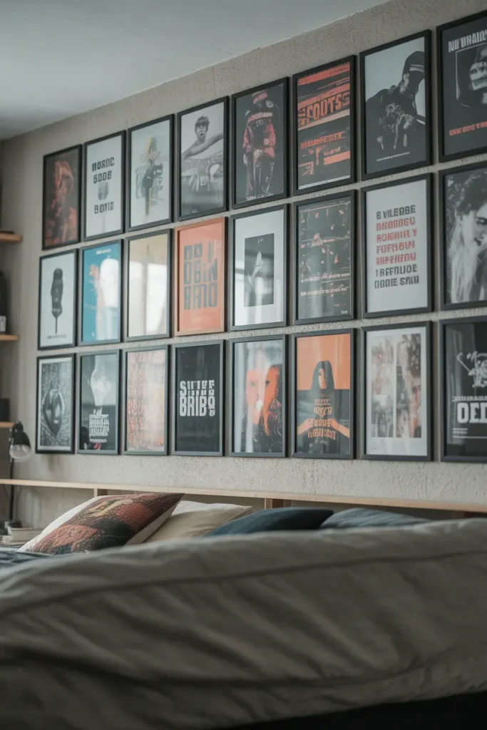 A trendy dorm wall featuring a symmetrical poster grid layout, mix of music, sports, and aesthetic prints, black and white tones with pops of colour, soft natural lighting, textured wall surface, neatly aligned frames, bed partially visible in foreground, cozy modern vibe, straight-on camera angle, balanced composition with visual rhythm.
