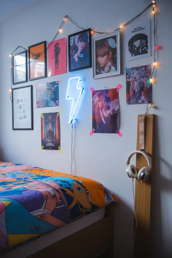 A creative teen bedroom gallery wall featuring a mix of framed and taped posters, polaroid photos, a neon bolt sign, and fairy lights.