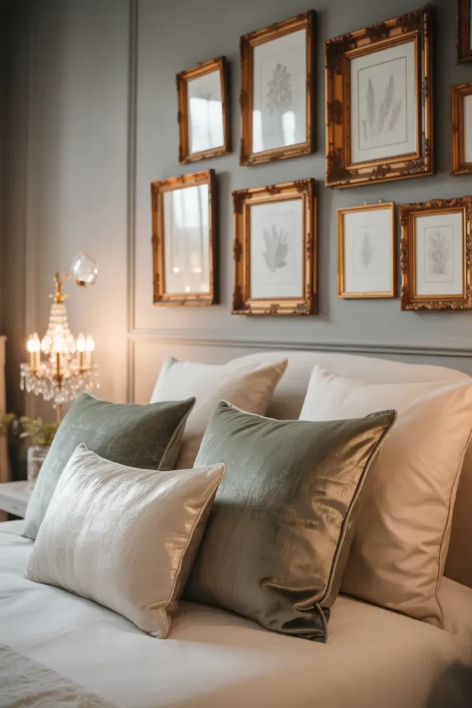 A vintage-inspired romantic bedroom with light grey walls. Above the bed, a curated collection of antique gold frames in various sizes and shapes holds botanical prints and sketches. A mix of plush velvet pillows in sage green and cream. Warm ambient glow from a crystal chandelier. Close-up styled shot, elegant, curated, and timelessly charming.