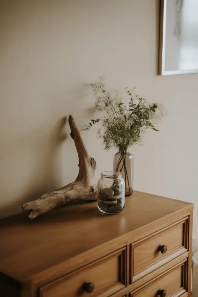 Natural lake house decor featuring driftwood and stones on a wooden dresser.