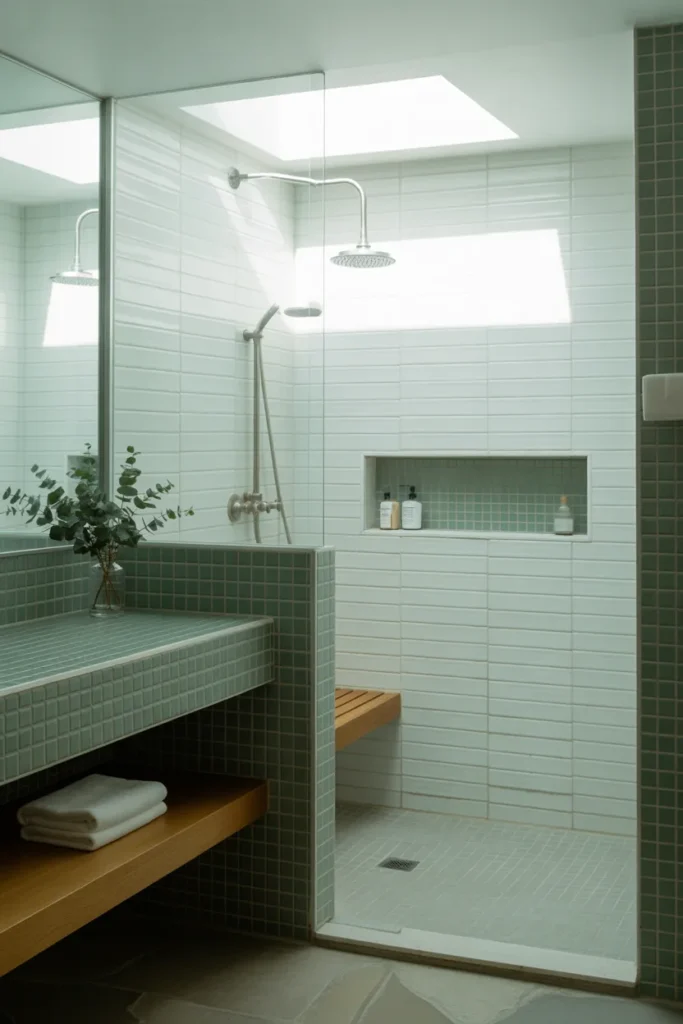 Image Description:
Minimalist spa bathroom with a frameless glass shower, soft diffused skylight, charcoal tile palette with white and warm oak accents, rainfall shower, floating bench, niche shelf, eucalyptus bundle, stone floor, cotton towels, calm airy mood, wide corner camera angle, layered foreground vanity with clean shower background and realistic glass reflections.