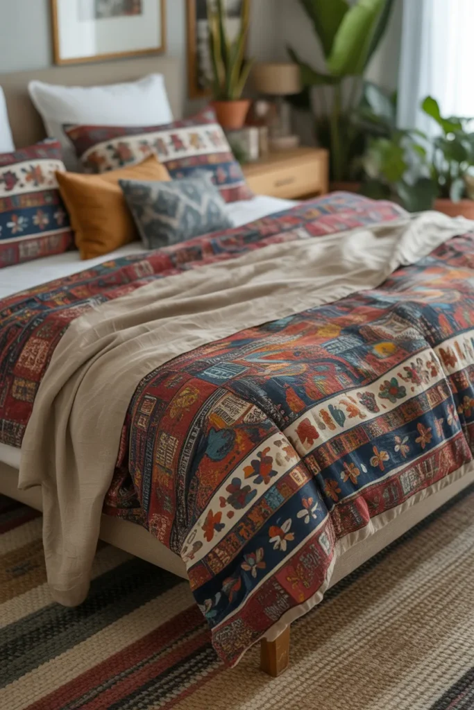 Modern eclectic bedroom with bold patterned bedding featuring geometric and colorful prints. Linen and cotton textures, layered rugs, wooden furniture, and potted plants. Natural daylight illuminates the space. Eye-level wide shot highlighting the bedding as a focal point, layered textures, and cozy, Pinterest-ready atmosphere. Patterns create visual interest and transform the bedroom instantly.