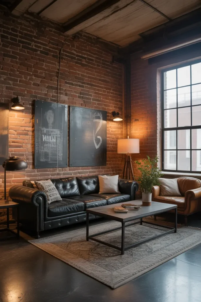 Industrial living room with a black leather couch and exposed brick walls."