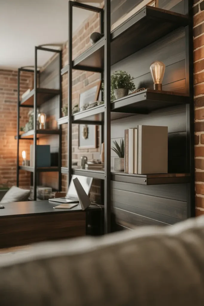 An industrial-style dorm room featuring black metal wall-mounted shelves, dark wood planks, exposed brick wall texture, warm Edison bulb lighting, neutral earthy tones, books, small plants, and decor items layered naturally, cozy and masculine vibe, angled wide shot, foreground desk blur, background shelving focus, textured materials with soft shadows.
