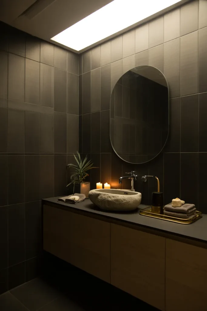 Luxury modern bathroom with matte black wall tiles, soft diffused ceiling light, monochrome palette with warm beige accents, floating wood vanity, oval mirror, stone sink, brass tray, small plant, folded towels, candle styling, elegant spa mood, wide eye-level camera angle, layered foreground vanity with clean background spacing and realistic tile texture.