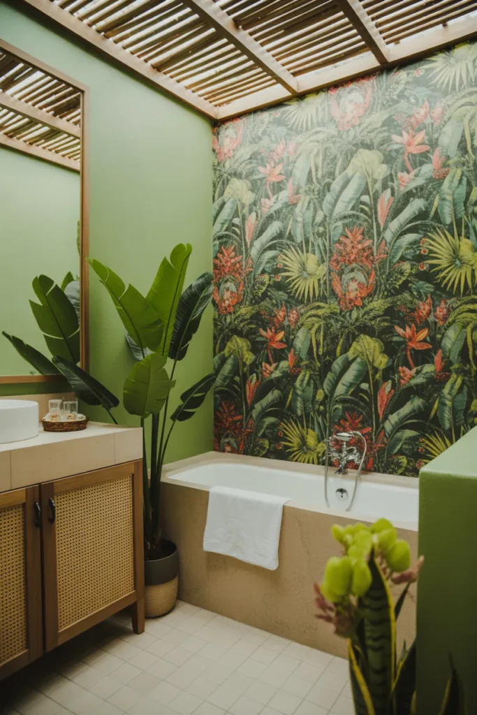 A tropical-inspired bathroom featuring lush greenery and vibrant accents that bring the outdoors in. The color palette includes rich greens, bright yellows, and tropical floral prints, with natural bamboo and rattan elements. A freestanding tub sits against a feature wall of tropical wallpaper, with a large leafy plant in the corner. Soft diffused light highlights the natural textures, and the camera angle captures the relaxed, vibrant vibe of the space.