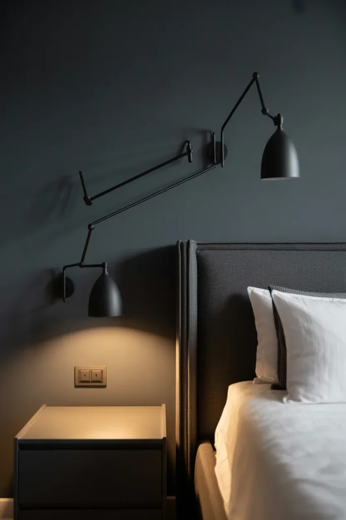 A sophisticated and balanced bedroom with a dark charcoal gray accent wall. Two modern matte black swing-arm sconces are mounted on either side of a tall upholstered bed. The lights cast a warm, focused glow onto the nightstands. Minimalist decor, white bedding for contrast, and a professional eye-level shot emphasizing perfect symmetry and clean, uncluttered surfaces.
