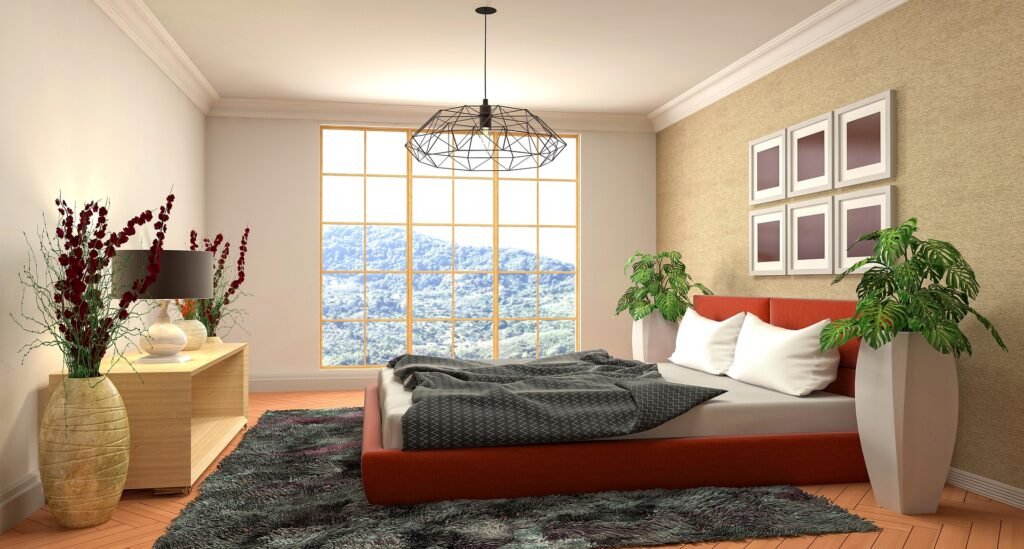 Bright lake house bedroom with open windows, light curtains moving in the breeze, and a fresh airy atmosphere.