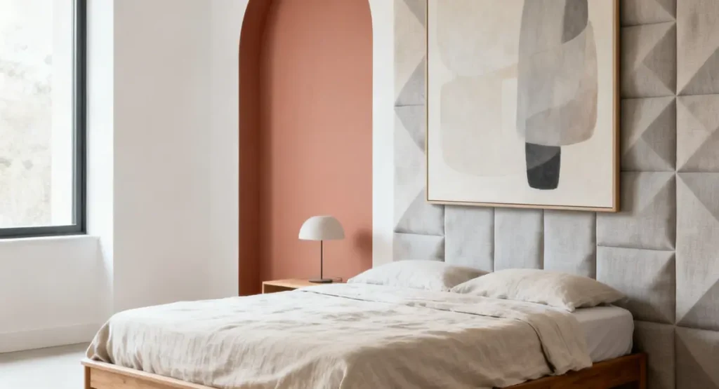 Creative headboard alternative, featuring a large piece of art behind the bed, adding style without a high cost.