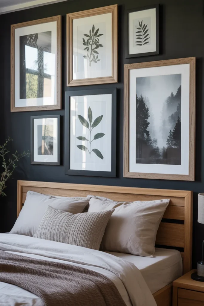 A moody bedroom wall adorned with framed botanical prints and subtle forest landscape art. The frames are a mix of natural wood and matte black, layered at different heights above a bed with textured bedding.
