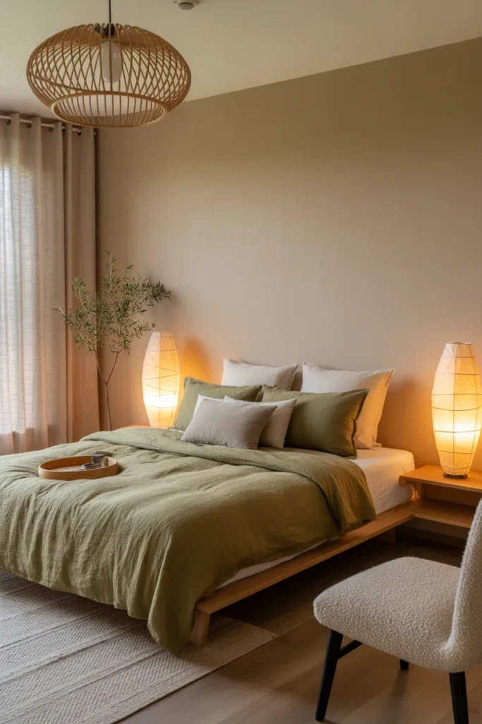 Japandi-inspired bedroom with olive green linen bedding, warm ambient glow from paper lamps, earthy beige and cream palette, low wooden platform bed, boucle chair, ceramic tray, rattan pendant, olive branches, cotton curtains, textured rug, calm airy mood, wide corner camera angle, uncluttered layout with layered pillows and natural wood grain.