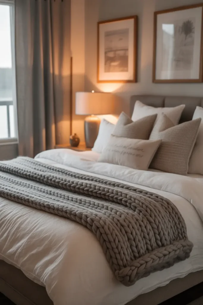 Layered cozy bedding on a lake house bed with a chunky knit throw and white linens.