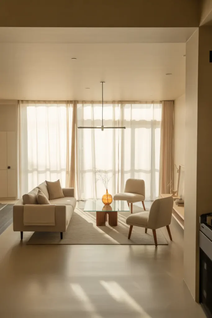 A modern minimalist boys dorm room with LED strip lighting glowing under the bed frame and along the ceiling edges, soft ambient purple and blue tones, matte black furniture, light wood desk, textured grey bedding, neon wall art, cozy layered lighting, wide-angle shot, subtle shadows, clean layout, moody yet stylish atmosphere, depth with foreground desk and background bed.