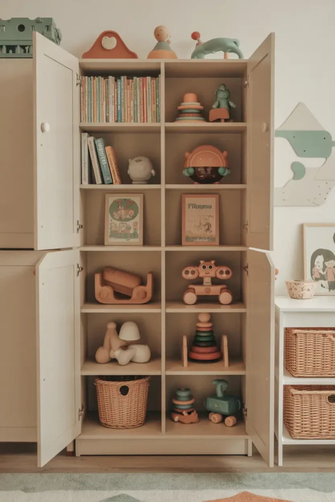 Stylish playroom cabinet with adjustable shelves, neatly storing toys and books in an organized and colorful play area."