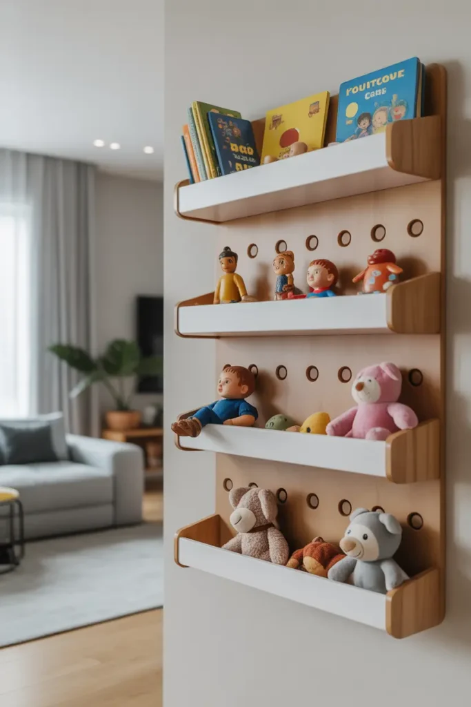 Wall-mounted toy organizer in a minimalist living room, displaying toys in an organized and accessible way.