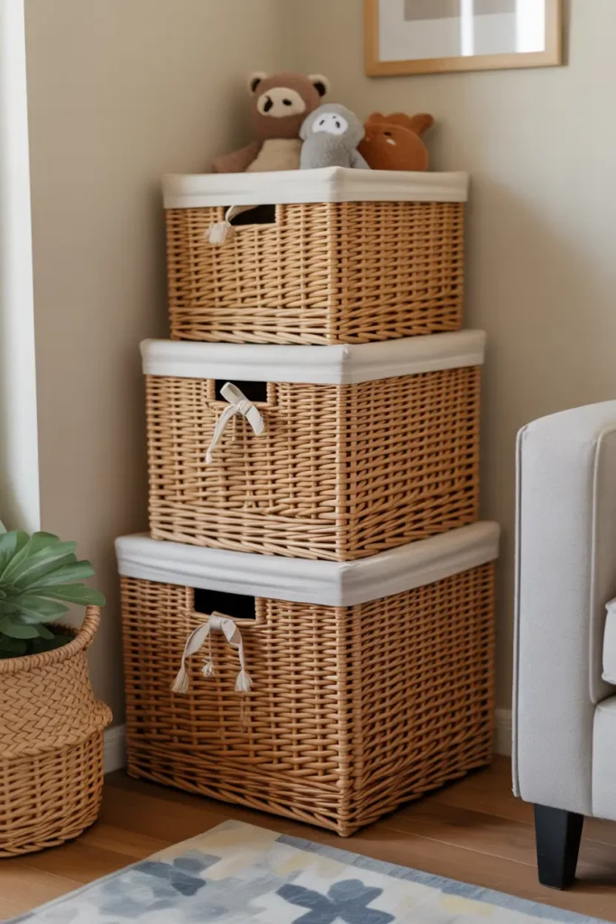 Stacked lidded baskets in a living room corner, storing toys out of sight while keeping the space neat and tidy.