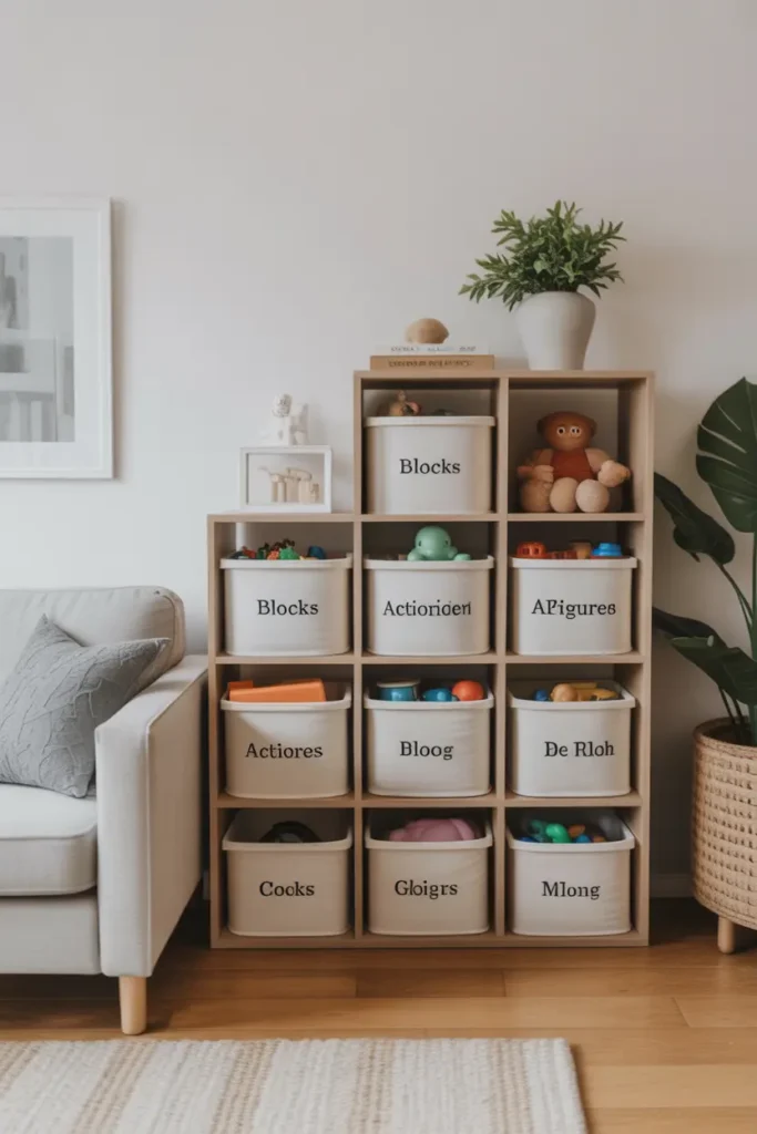 Stacked toy storage cubes in a living room, neatly labeled and organized by toy categories for easy access.