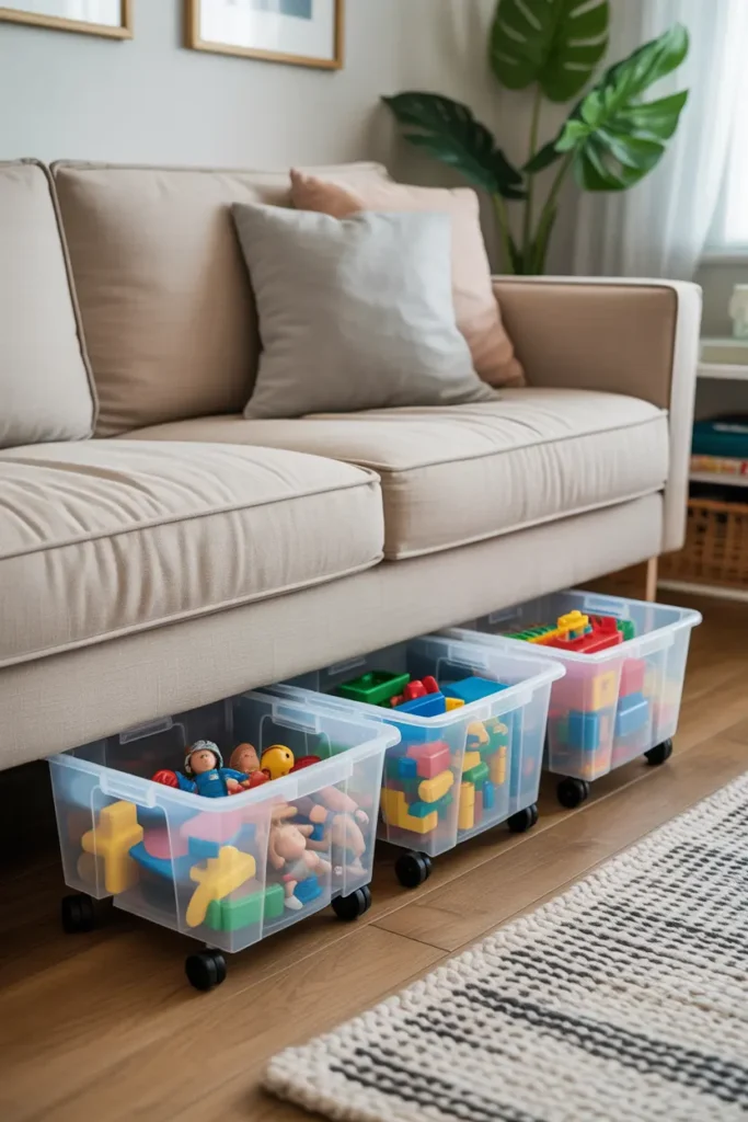 Under-couch storage bins neatly organized with children's toys, maximizing space in a stylish living room.