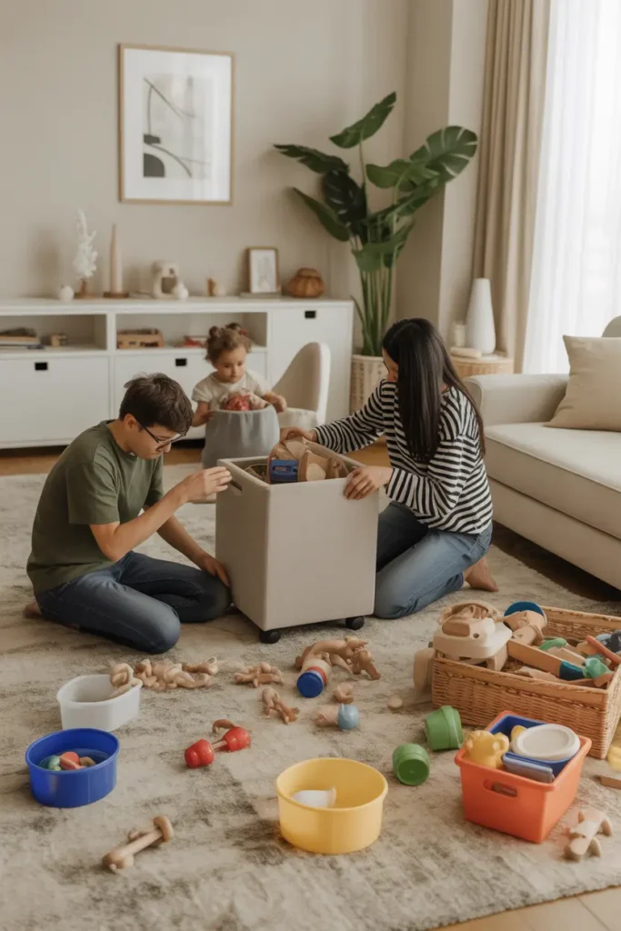 Modern living room with toy storage solutions like ottomans and bins, showcasing the transition from clutter to a tidy space."